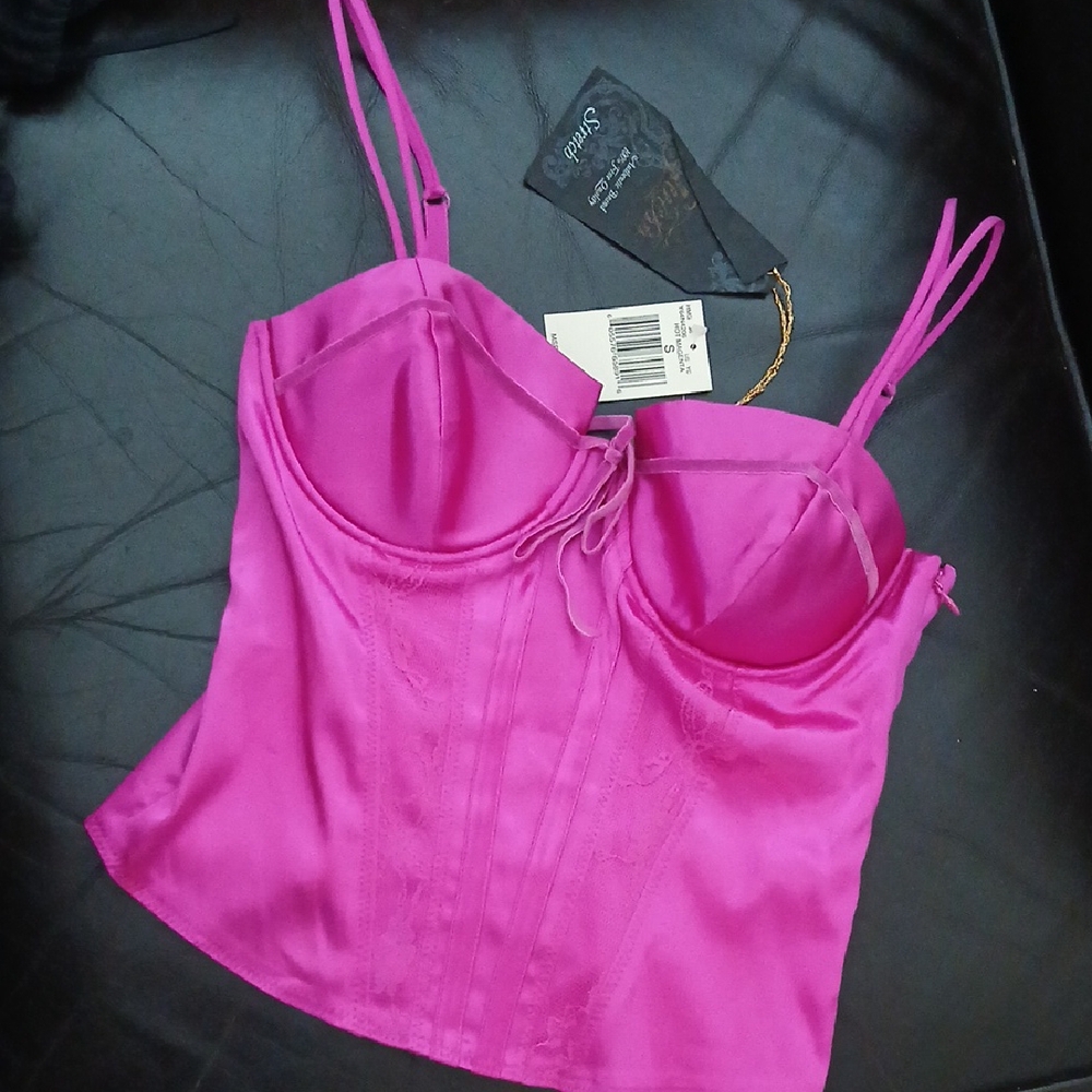 Guess Vibrant Pink Hot Magenta Satin Stretch Camisole / Corset Size Small NWT